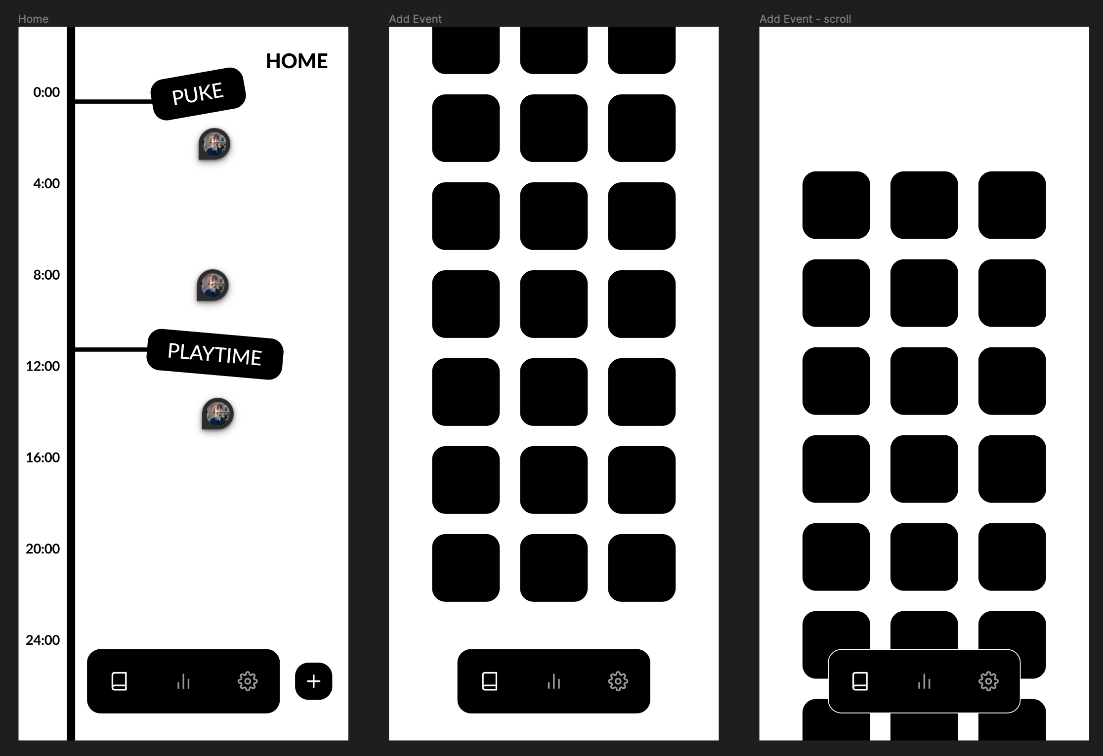 A black and white diagram of the general aspect of 3 screens of the app. It's just boxes and some generic icons.